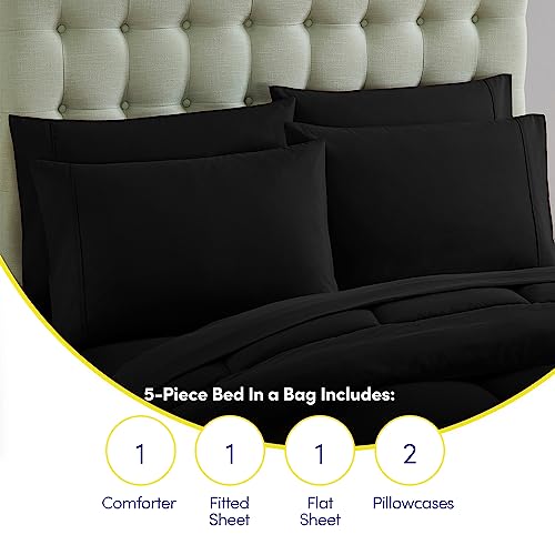 Sweet Home Collection 5 Piece Comforter Set Bag Solid Color All Season Soft Down Alternative Blanket & Luxurious Microfiber Bed Sheets, Black, Twin Sweet Home Collection