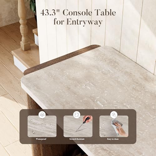 COSIEST 43.3" Farmhouse Console Table for Entryway, 2-Tier Sofa Table with Faux Stone Grain Top, Slim Accent Table for Hallway, Behind Couch, or Living Room, Brown Wood Look COSIEST