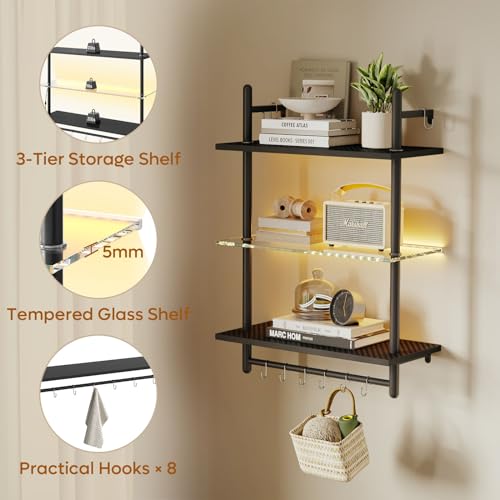 Bestier Gaming Floating Shelves, 24 inch LED Wall Mounted Shelves with Towel Bar, Coffee Bar Shelves with Glass Shelf & 8 Hooks, 3 Tier Hanging Display Rack for Wall Decor, Black Carbon Fiber Bestier