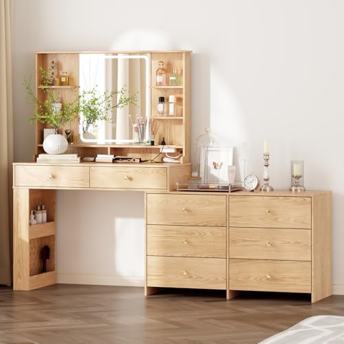 Ieejdn Makeup Vanity Desk with Mirror and Lights, Vanity Desk with 8 Drawers & Storage Shelves, Vanity Table with Power Outlet, 3 Color Modes & Adjustable Brightness Dressing Table, Bedroom,Oak2 Ieejdn