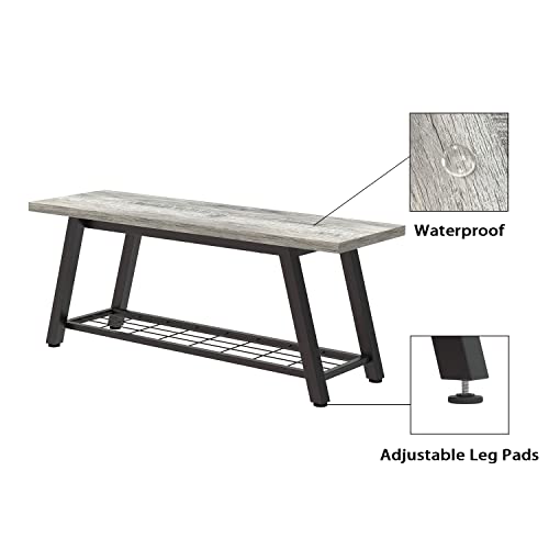 Oastreeful Grey Storage Bench Industrial Rustic Wooden and Metal Entryway Shoe Boots Storage Rack Long Bench Seat for Hallway Bedroom Rustic Farmhouse Style Oastreeful