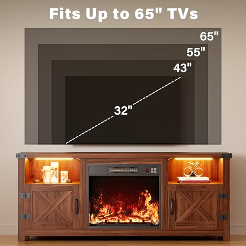 YESHOMY LED Fireplace TV Stand with Mood Lighting, TV Cabinet with Open Shelf, Farmhouse Media Console with Hidden Cable Routing, Entertainment Center for Televisions up to 65+ Inch, Walnut YESHOMY