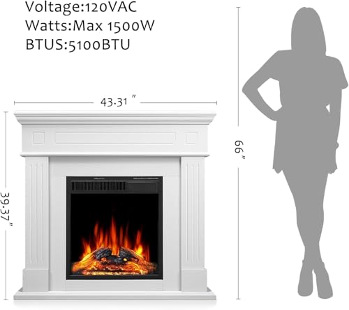 43 Inch Fireplace TV Stand with Mantel - Electric Fireplace Heater, Wooden Entertainment Center, Adjustable LED Flame, Freestanding (750W/1500W),Cream ZAFRO