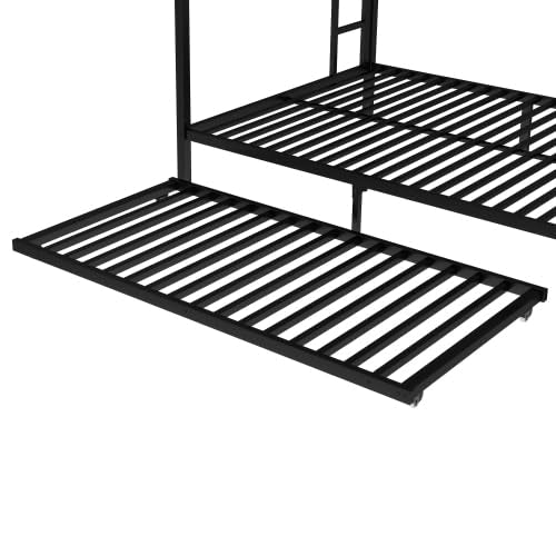 Metal Bunk Bed with Trundle Bed, Queen Over Queen Bunk Bed Frame with 2 Side Ladder and Thicker Legs, Black Bellemave
