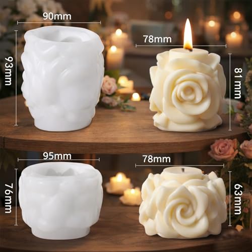 Rose Candle Molds Valentines Rose Silicone Mold Flower Shape Soap Molds Roses Flower Column Candle Molds for Candles Making Soap DIY Polymer Clay Craft Plaste Epoxy Resin Valentine Mother Day Decor