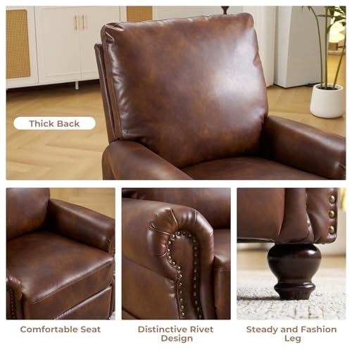 Pushback Recliner Chair with Massage and Heating, Breathable Leather Recliner Chair with Overstuffed Backrest and Rivet Decoration, Single Sofa Accent Chair for Living Room, Light Brown