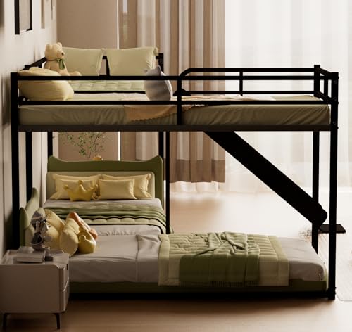 AiHMEi Metal Bunk Beds with Slide L-Shape Bunk Bed with Length Guardrail and Ladder for 4 Twin(78.74" x 35.43") Over Twin Bunk Bed Frame for Boys Girls Teens, Black AiHMEi