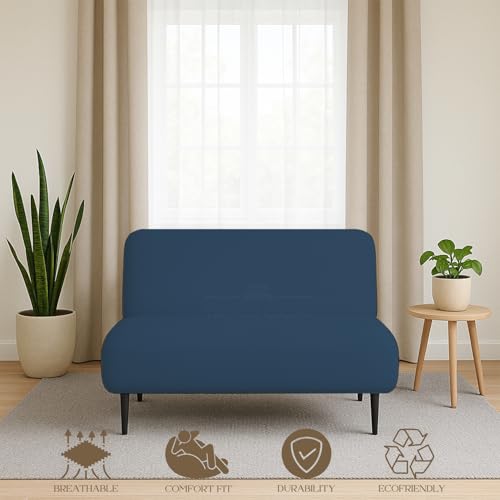 Full Size Armless Futon Covers - 100% Egyptian Cotton Futon Slipcovers - Zippered Couch Cover Sofa Bed Protector, Sleeper Sofa Cover, Machine Washable, Medium Blue Yarns of Cotton