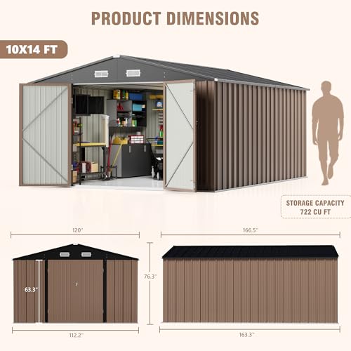 Greesum 10×14 FT Outdoor Storage Shed, Metal Storaged Sheds Without Floor, Tool Sheds with Lockable Doors and Sloping Roof for Garden, Patio, Backyard, Brown Greesum