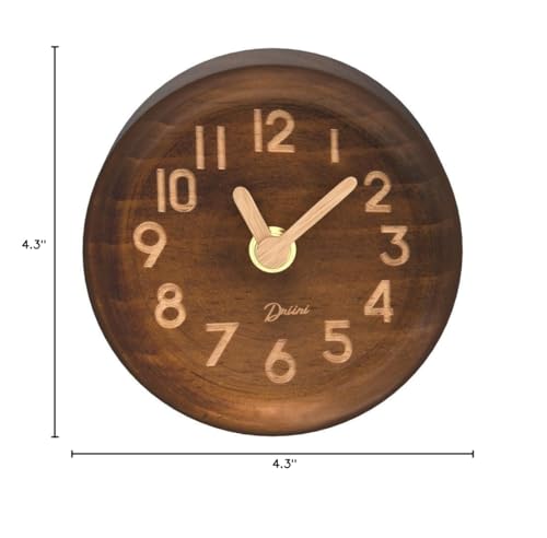 Driini Wooden Analog Desktop Clock – 4.3 in. Decorative Pinewood Clock, No-Tick Design – Easy to Read Silent Sweep Mantle Clock – Quiet Tabletop Clocks with Wood Body, Hands, & Battery Cover; Dark Driini
