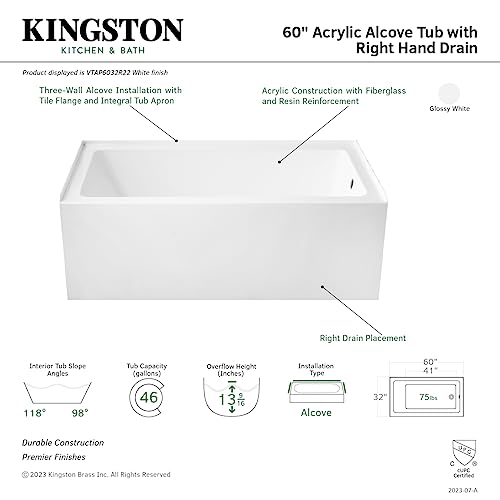 Aqua Eden VTAP6032R22 60-Inch Acrylic 3-Wall Alcove Tub with Right Hand Drain Hole, Glossy White Kingston Brass