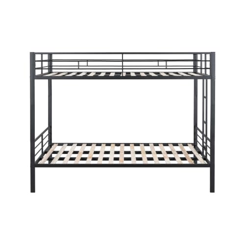 PVWIIK Queen Over Queen Metal Bunk Bed with Built-in Stairs & Convertible 2 Beds,Heavy Duty Bunk Bed w/Ladder & Safety Guardrail,Space Saving Design, No Box Spring Needed, Black PVWIIK