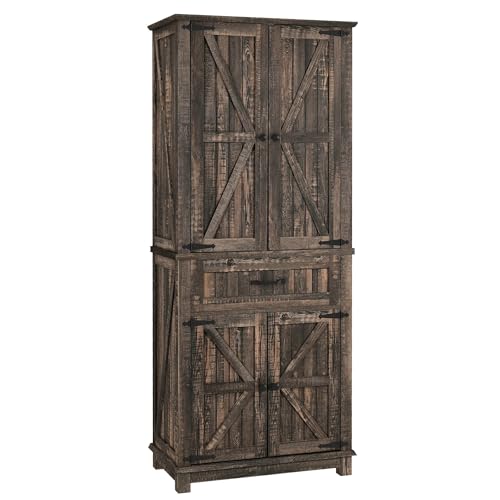 YITAHOME 72.6" H Farmhouse Kitchen Pantry Cabinet, Freestanding Tall Storage Cabinet with 4 Doors, Drawer and Adjustable Shelves, Tall Cupboard for Dining Room, Living Room, Dark Rustic Oak YITAHOME