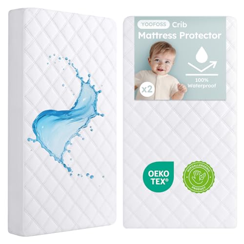 Yoofoss Waterproof Crib Mattress Protector 2 Pack, Quilted Crib Mattress Pad Cover Ultra Soft and Breathable, Machine Washable Toddler Mattress Protector for Standard Baby Crib Size 52''x28'' Yoofoss