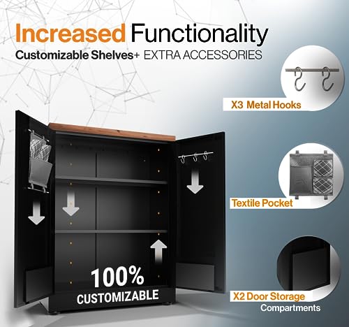 METALTIGER Metal Storage Cabinet, 40" H Small Cabinet with Digital Lock, Locking Storage Cabinet with Doors and Shelves (Black & Woodlike Top) METALTIGER