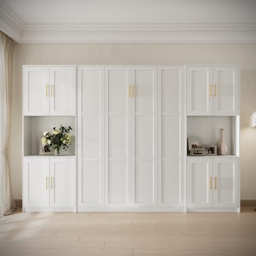 Bobve Farmhouse Murphy Bed Queen, 85" Wall Bed Folds to Save Space, Concealed Bed Frame with 2 Storage Cabinets and Wall Mounted Features for Apartment/Office/Guest Room Bobve