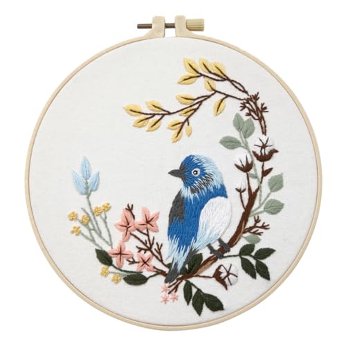 Meecaa Bird Bluebird Flower Embroidery Kit Starter Set, Hand Embroidery Set,Pattern Printed Cross Stitch Set for Beginner Adults, with Embroidery Hoop and Instructions (Bluebird)