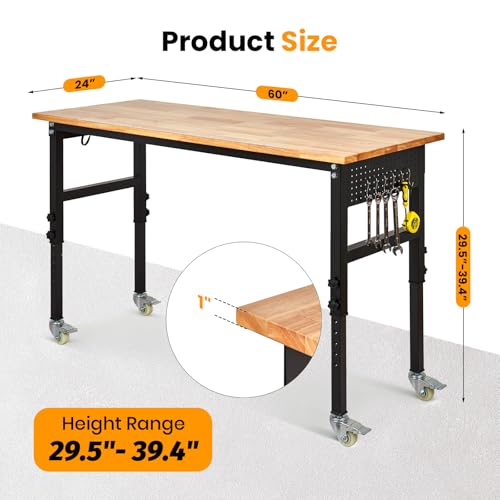 Heavy-Duty Adjustable Garage Workbench 60" L x 24" W – 2000 LBS Capacity with ETL Power Outlet, Rubberwood Top for Woodworking, Welding, Crafting & Home Office (29.5"-39.4" Height Adjust) EliteEdge