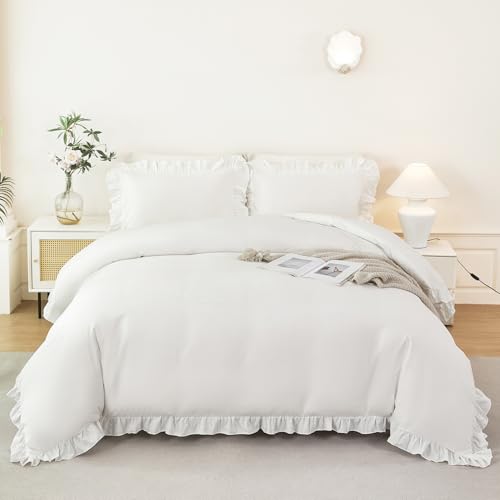ZSYAYAHA Twin Size Kids Duvet Covet Set White Ruffle Comforter Cover for Girls Teens 3 Pieces Fluffy Farmhouse Bedding Cover Set with Ruffled Layer for All Seasons(White, Twin) ZSYAYAHA
