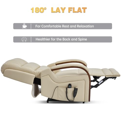 Trustyue Dual Motor Power Lift Recliner Chair, Lay Flat Recliner, Lift Chair with Massage and Heat, Standing Assistance, Infinite Position Reclining, Living Room Chair (Faux Leather Beige)