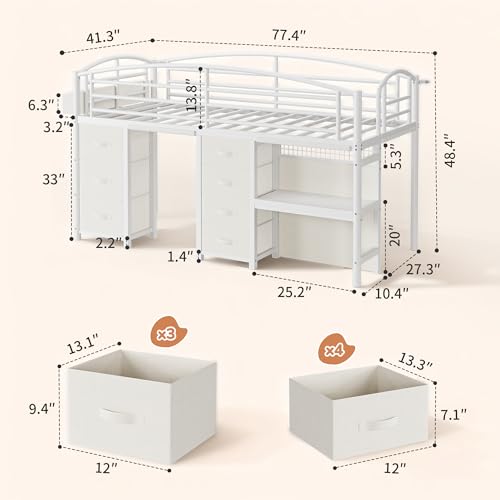 Low Loft Bed Twin Size with 7 Storage Drawers, Desk and LED Lights, Heavy Duty Metal Kids Loft Bed with 12" H Safety Guardrail, Anti-Collision Pad, Private Play Curtain, Under-Bed Play Space (White) Jocoevol