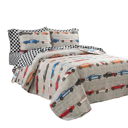 Lush Decor Race Car Kids' 5-Piece Oversized Quilt Bed Set, Reversible Bedding Set for Boys, Blue & Orange, Twin Lush Decor