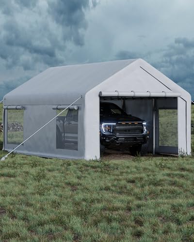 GarveeLife 12x20 ft Portable Garage, Car Port with 200 g PE Tarp Cover, with Front & Rear Roll-Up Doors and 4 Windows, for Temporary Paint Booth, Boats&Pickups Shed, and Event Shelter, White