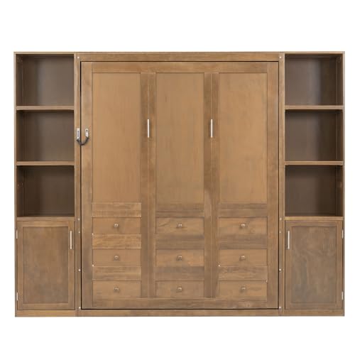 MERITLINE Queen Farmhouse Murphy Bed with Storage Bookcase Shelves and Cabinets, Solid Wood Foldable Hidden Vertical Murphy Wall Bed with Storage for Adults MERITLINE