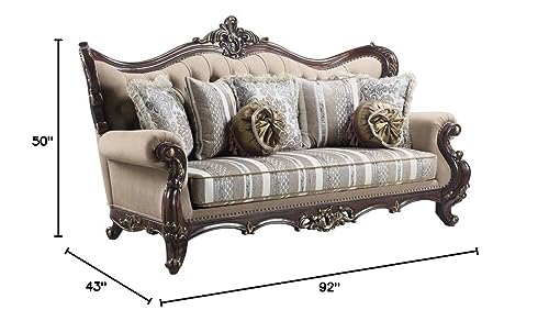 Acme Ragnar Sofa with 7 Pillows in Light Brown Fabric and Cherry Acme