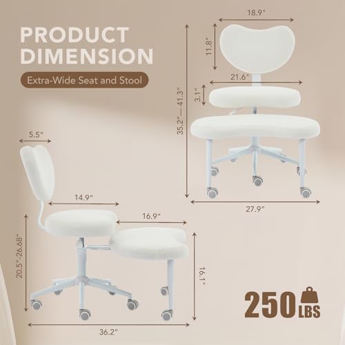 Ergonomic Cross Legged Chair with Wheels,360° Swivel Meditation Chair,ADHD Chair, Criss Cross Desk Chair with Lumbar Support and Adjustable Stool, Flexible Design for Fidgety Sitters, Ivory leader cattle
