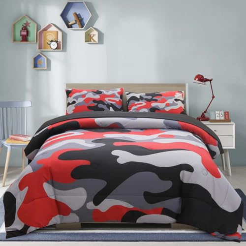 Holawakaka Full Size Camo Bedding Comforter Set with Sheets,Boys Girls Men Camouflage Bed in A Bag 5 Pieces,Kids Teens Dorm Bed Sets Neutral Farmhouse Lodge Cabin Army Bedspread (Red, Full) Holawakaka