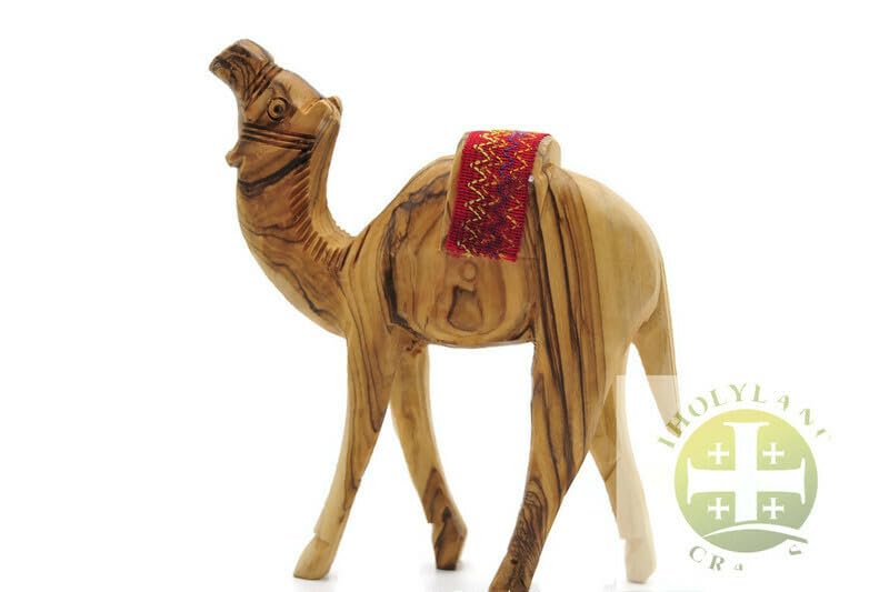 Wooden Camel Figurine, Handmade Olive Wood Nativity Camel with Embroidery Saddle Carved in the Holy Land by Christian Artisans, Nativity Animals, iHoly Land Crafts