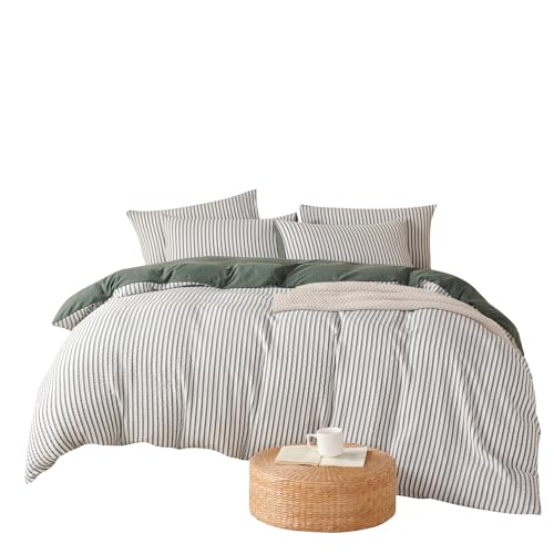 BUPIRD Green King Comforter Set Striped 100% Soft Washed Microfiber Jacquard 3 Pieces Striped Bedding Sets Green White Comforter for All Seasons and 2 Pillowcases Comfort Breathable BUPIRD