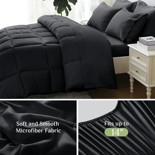 JOLLYVOGUE Full Comforter Set, Ultra-Soft Bed in a Bag Full Size 7 Pieces, Oeko-TEX Certified Bedding Set with Down Alternative Comforter, Sheets, Pillowcases & Shams, Black JOLLYVOGUE