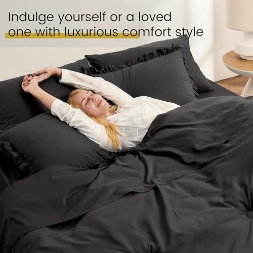 QUIETSEA Queen Bed in a Bag 7 Pieces Comforter Set Queen, Ruffle Bedding Comforter Set Black Bed Set with Comforter, Pillowcases, Flat Sheet, Fitted Sheet and Pillow Shams QUIETSEA