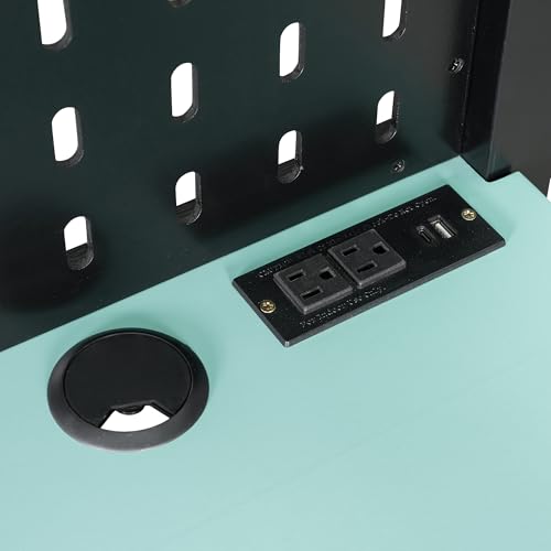 Merax Full Size Wood Loft Bed with Desk, Storage Shelves and Pegboard, Gaming Loft Bed with Light and USB Ports, Black+Blue Wooden Bed Frame Merax