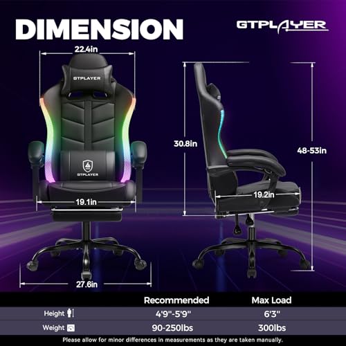 GTPLAYER RGB Gaming Chair with Footrest, Computer Gaming Chair with LED Lights for Adults, Height Adjustable PC Gamer Chair with 90-155° Recline & Removable Headrest Lumbar Support, RGB Black GTPLAYER