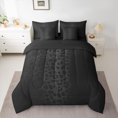 Queen Size Black Leopard Bedding Set 7 Pieces Bed in a Bag, Cheetah Bedding Set with Sheets All Season, Animal Print Bed Sets with Comforter, Fitted Sheets, Flat Sheets, Pillow Shams and Pillowcases Feelyou