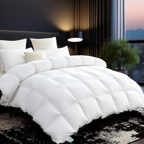 L LOVSOUL Goose Down Fiber Comforter King Size, High Fill Power Hotel Style Bedding Comforter, Fluffy Ultra Soft All Season White Duvet Insert with 8 Corner Tabs L LOVSOUL