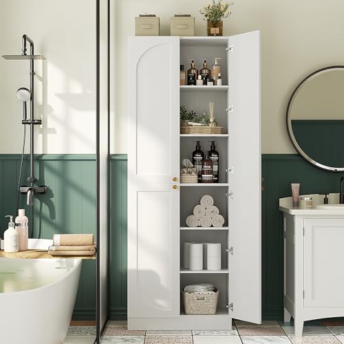 Cyclysio 80" Extra Tall Kitchen Pantry, Arched Storage Cabinet with 4 Doors and Adjustable Shelves, Freestanding Wood Cupboard with Seamless Fit Wall for Living Dining Room Bathroom Cyclysio