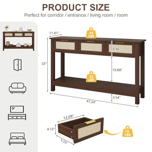 Luoxiao Console Table for Entryway with 3 Rattan Drawers Boho Entry Table with Storage Open Shelf, Narrow Long Sofa Tables for Living Room, Hallway, Foyer, Couch, Front Door, Walnut, 47 Inch Luoxiao