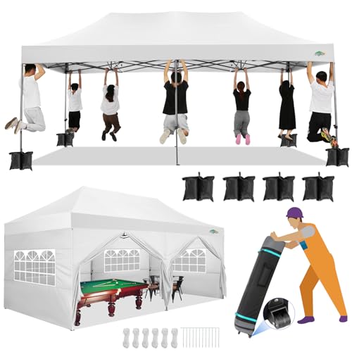 COBIZI 10x20 Canopy with Sidewalls, Heavy duty Party Tent Pop up carpas para fiestas, Tents for Parties, wedding, Outdoor Ez up Foldable Portable Canopy Tent with Wheeled Bag, White(Windproof Upgrade) COBIZI