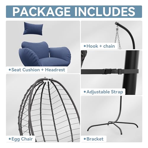 ALAULM Foldable Egg Chair with Stand, 485LBS Capacity Wicker Rattan Hammock Swing Chair for Outdoor & Indoor, Patio Hanging Chair with Strong Frame & UV Resistant Cushion for Balcony, Bedroom, Blue
