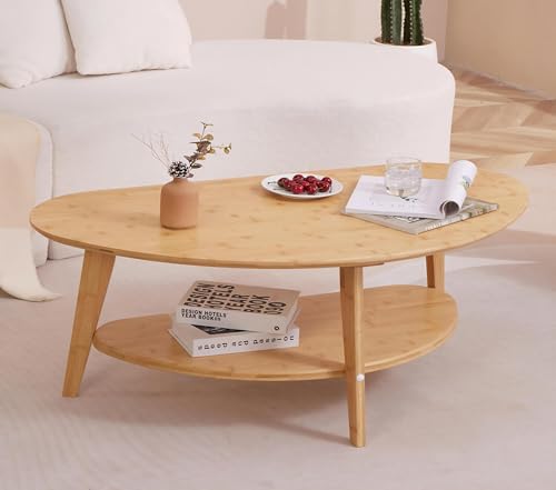 NAVREX Mid Century Modern Table with Storage Shelf, Oval Coffee Table for Living Room 41.5" Nature Bamboo Home Furniture NAVREX