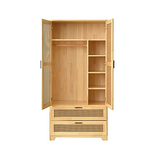 Pine Wood Closet with Rattan Doors and Two Drawers (Natural) Woodpeckers Furniture And Mattress