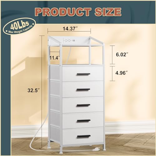 EKNKOZY Nightstand 5 Drawer Dresser with LED Lights and Charging Station, Vertical Side Table with Fabric Drawers, End Table with Open Shelf, Tall Dresser for Bedroom, Hallway, Entryway, White EKNKOZY