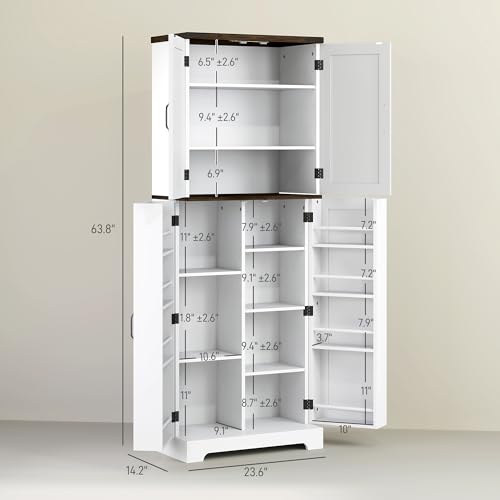 HOMCOM 64" Kitchen Pantry Cabinet with LED Motion Sensor Light, Farmhouse Tall Storage Cabinet with Adjustable Shelves, Cupboard for Living Room, Dining Room, White HOMCOM