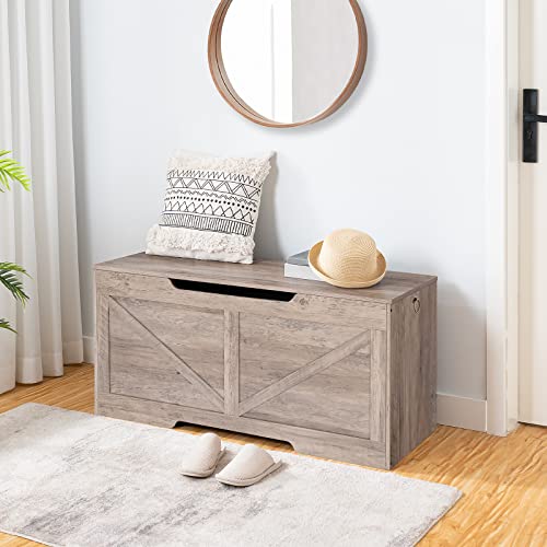 HOOBRO Storage Bench, 43.3” Retro Wooden Storage Chest with U-Shaped Cut-Out Pull, Safety Hinge, Supports 220 lb and Easy Assembly for Toy Box Organizer (Greige) BG772CW01 HOOBRO