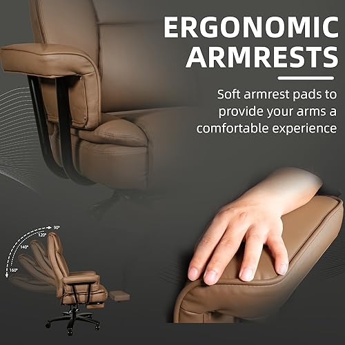 Sucrever Reclining Office Chair with Footrest, Big and Tall Home Office Desk Chairs 400lbs with High Back, Criss Cross Wide Seat, Heavy Duty Base, Pu Leather, Brown Sucrever