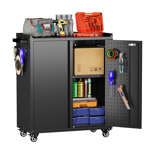 Aobabo 31.5" H Garage Storage Cabinet with Wheels,Lockable Metal Storage Cabinet with 2 Doors for Garage Home Office Storage,Black,Assembly Required Aobabo